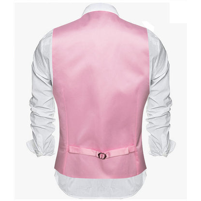 Pink Solid Satin Men's V Neck Vest Set vest set    - Sophisticated Gentlemen