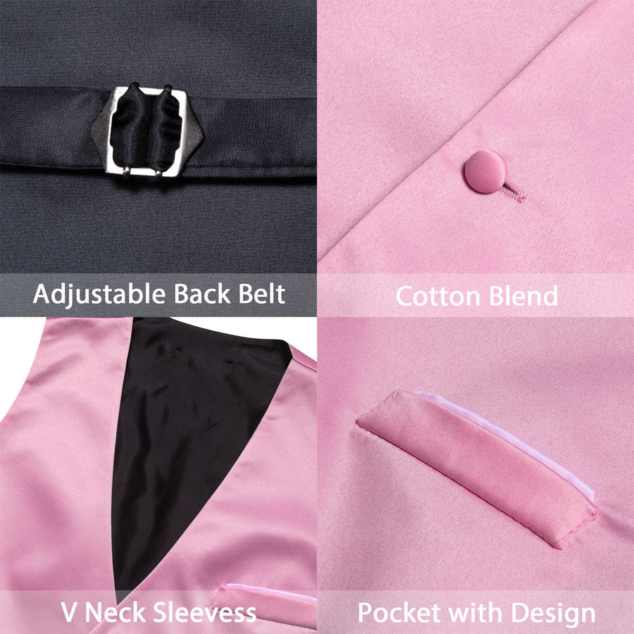 Pink Solid Satin Men's V Neck Vest Set vest set    - Sophisticated Gentlemen
