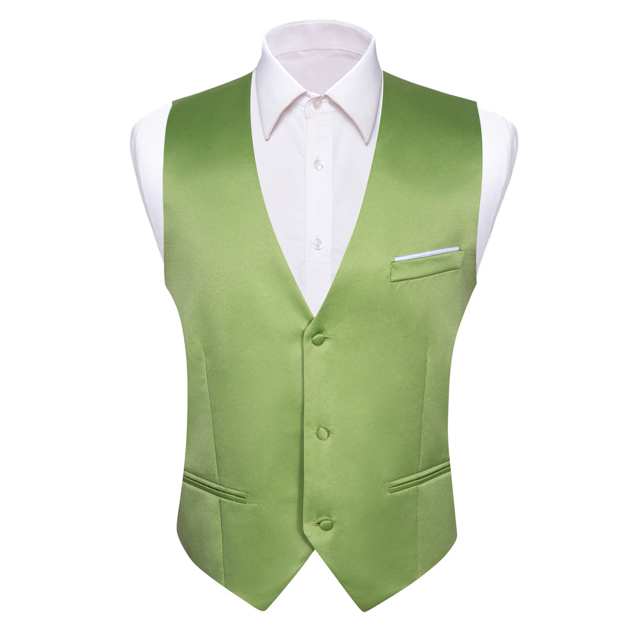 Grass Green Solid Satin Men's V Neck Vest Set vest set S (Chest 40")   - Sophisticated Gentlemen