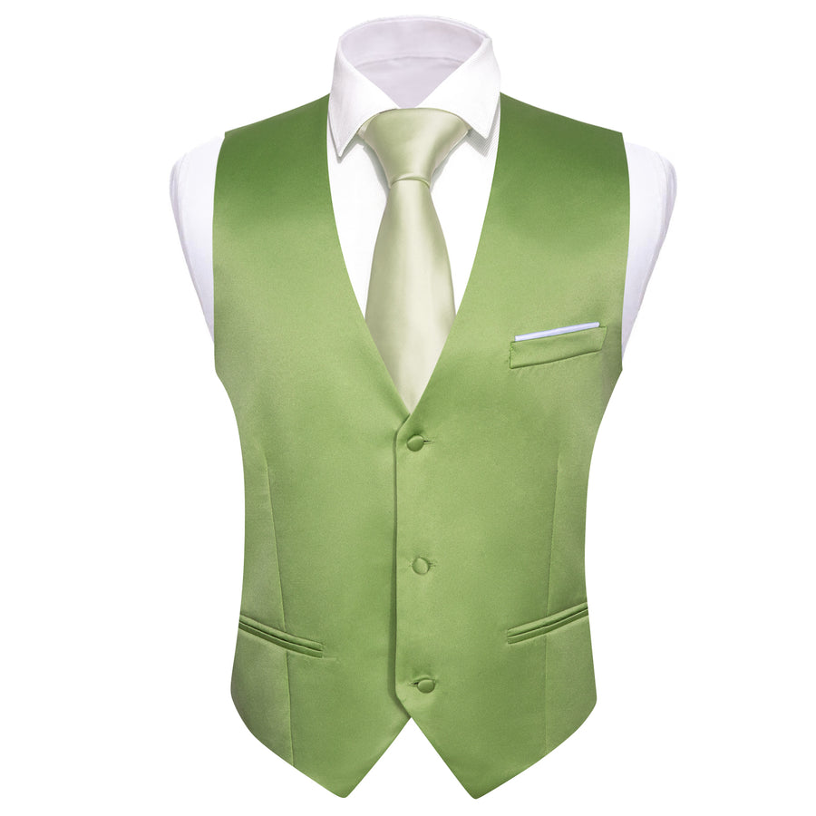 Grass Green Solid Satin Men's V Neck Vest Set vest set    - Sophisticated Gentlemen