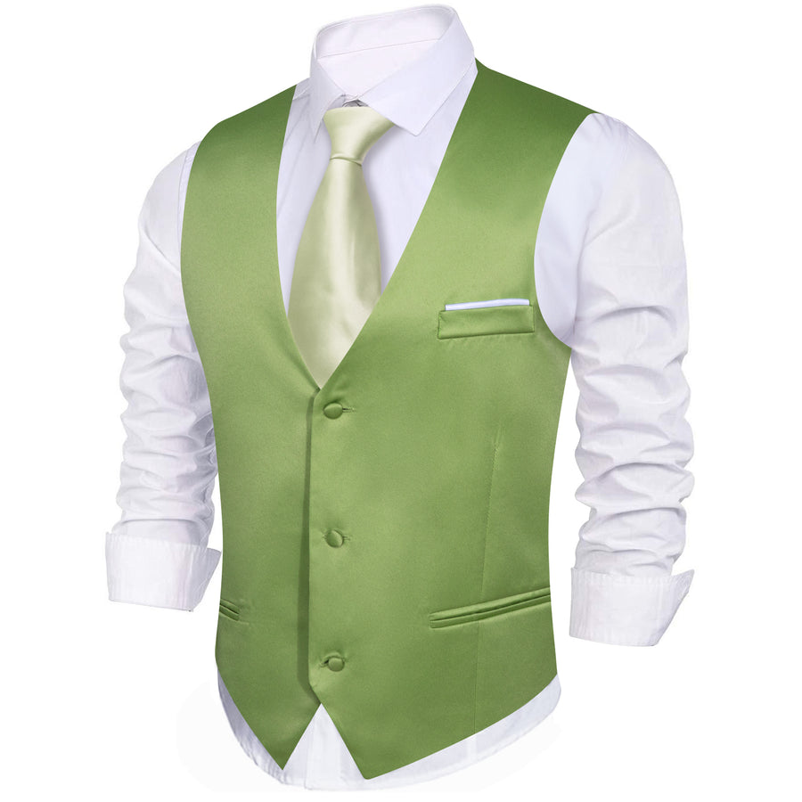 Grass Green Solid Satin Men's V Neck Vest Set vest set    - Sophisticated Gentlemen