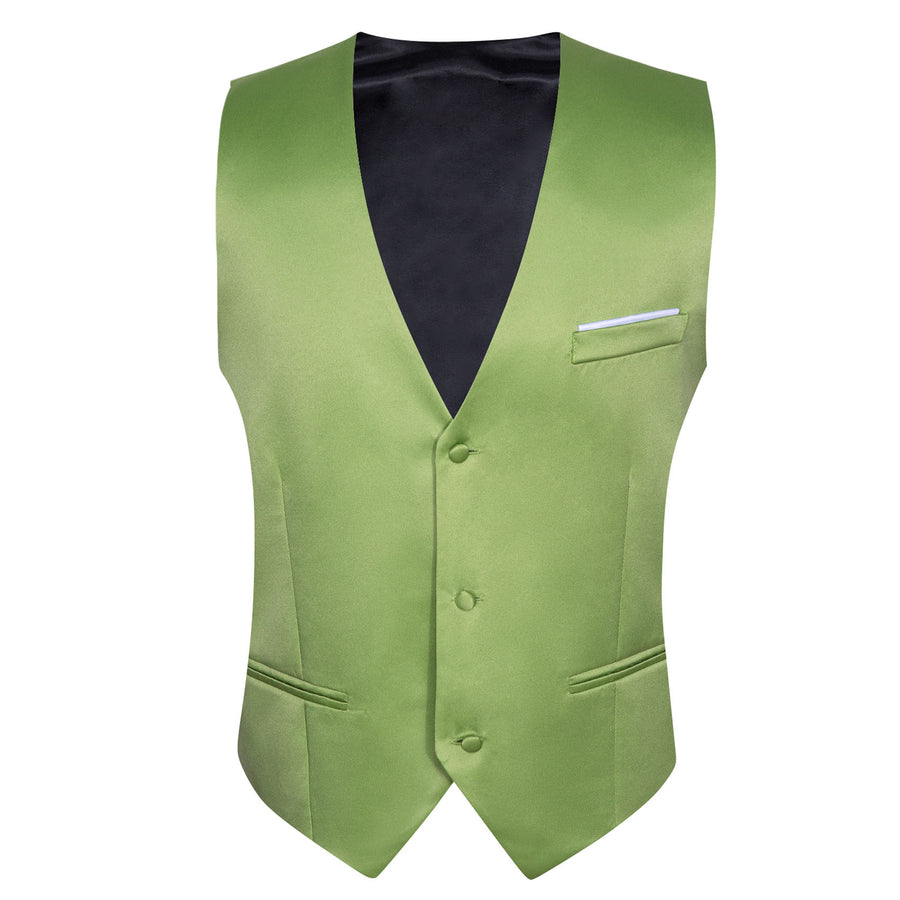Grass Green Solid Satin Men's V Neck Vest Set vest set    - Sophisticated Gentlemen