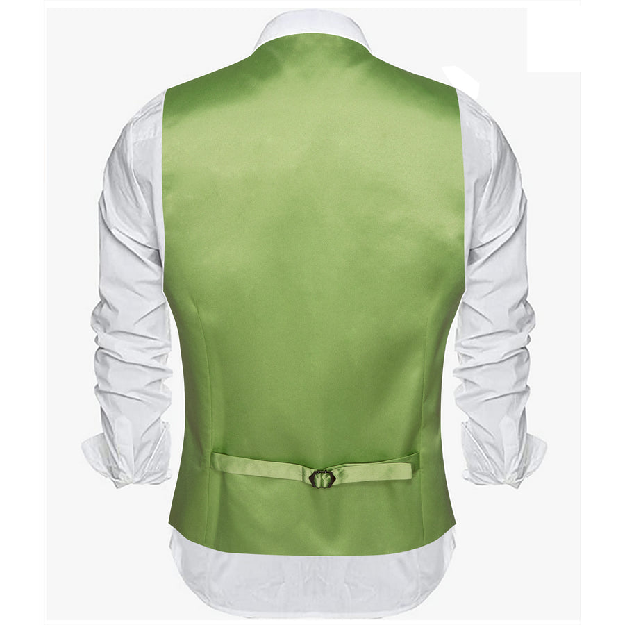 Grass Green Solid Satin Men's V Neck Vest Set vest set    - Sophisticated Gentlemen
