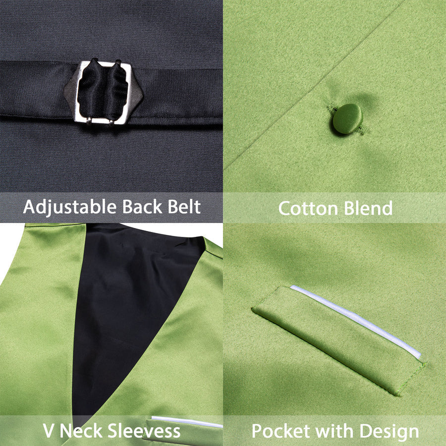 Grass Green Solid Satin Men's V Neck Vest Set vest set    - Sophisticated Gentlemen