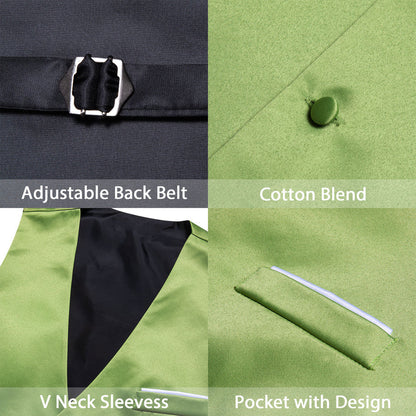 Grass Green Solid Satin Men's V Neck Vest Set vest set    - Sophisticated Gentlemen