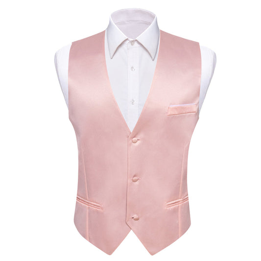 Light Pink Solid Satin Men's V Neck Vest Set vest set S (Chest 40")   - Sophisticated Gentlemen