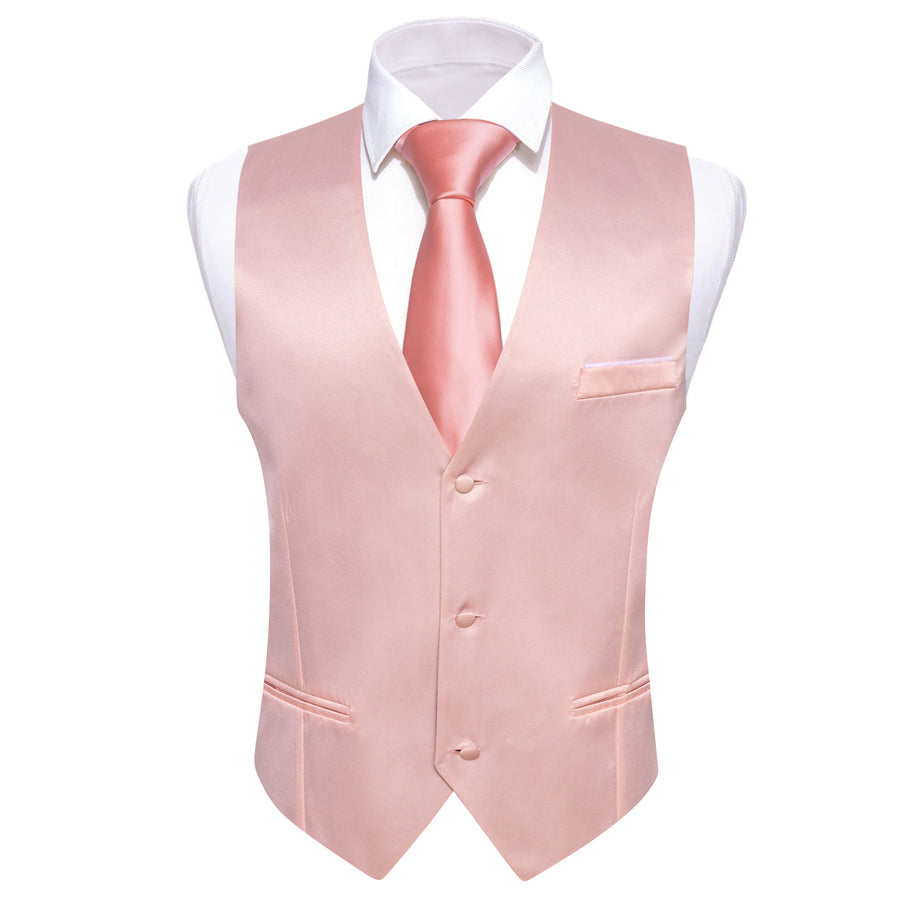 Light Pink Solid Satin Men's V Neck Vest Set vest set    - Sophisticated Gentlemen