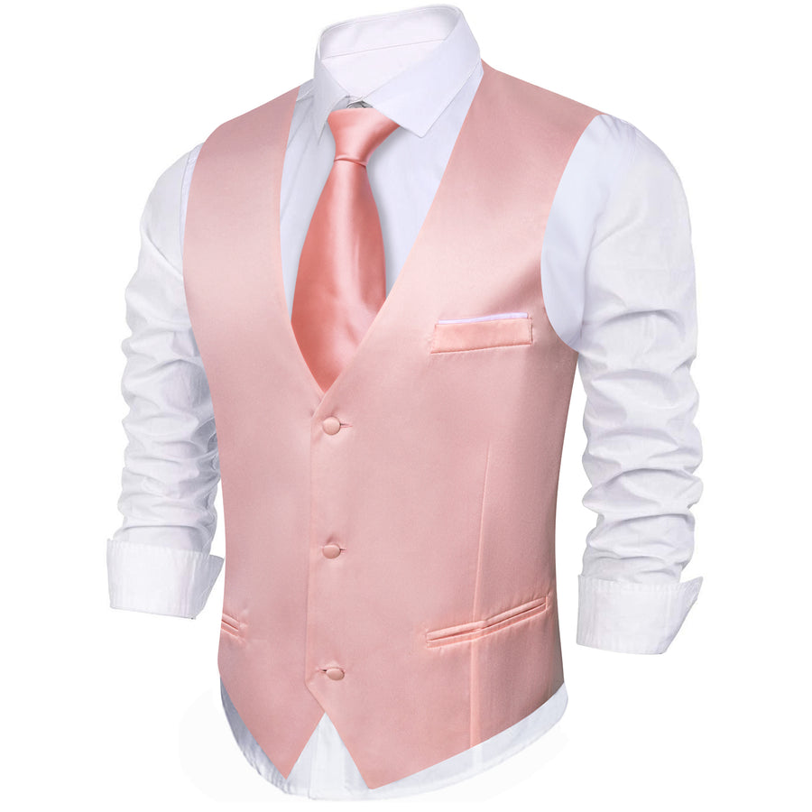 Light Pink Solid Satin Men's V Neck Vest Set vest set    - Sophisticated Gentlemen