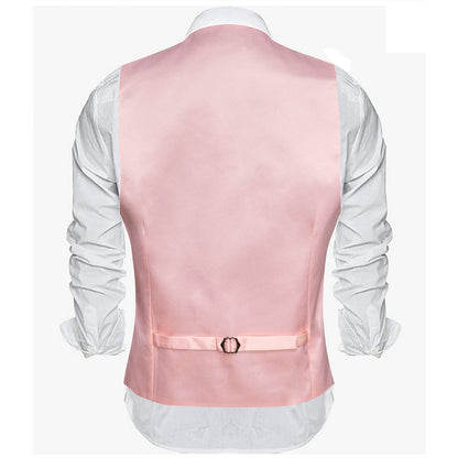 Light Pink Solid Satin Men's V Neck Vest Set vest set    - Sophisticated Gentlemen