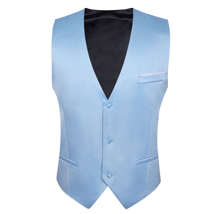 Baby Blue Solid Satin Men's V Neck Vest Set vest set    - Sophisticated Gentlemen
