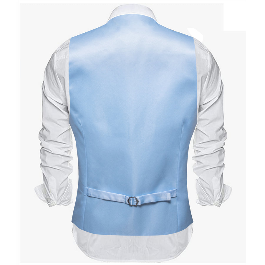 Baby Blue Solid Satin Men's V Neck Vest Set vest set    - Sophisticated Gentlemen