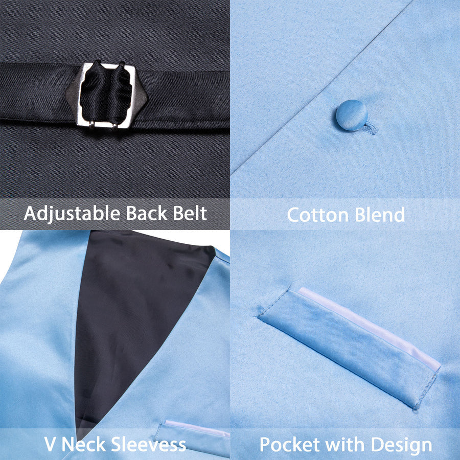 Baby Blue Solid Satin Men's V Neck Vest Set vest set    - Sophisticated Gentlemen