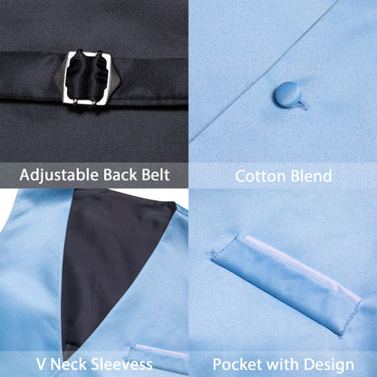Baby Blue Solid Satin Men's V Neck Vest Set vest set    - Sophisticated Gentlemen