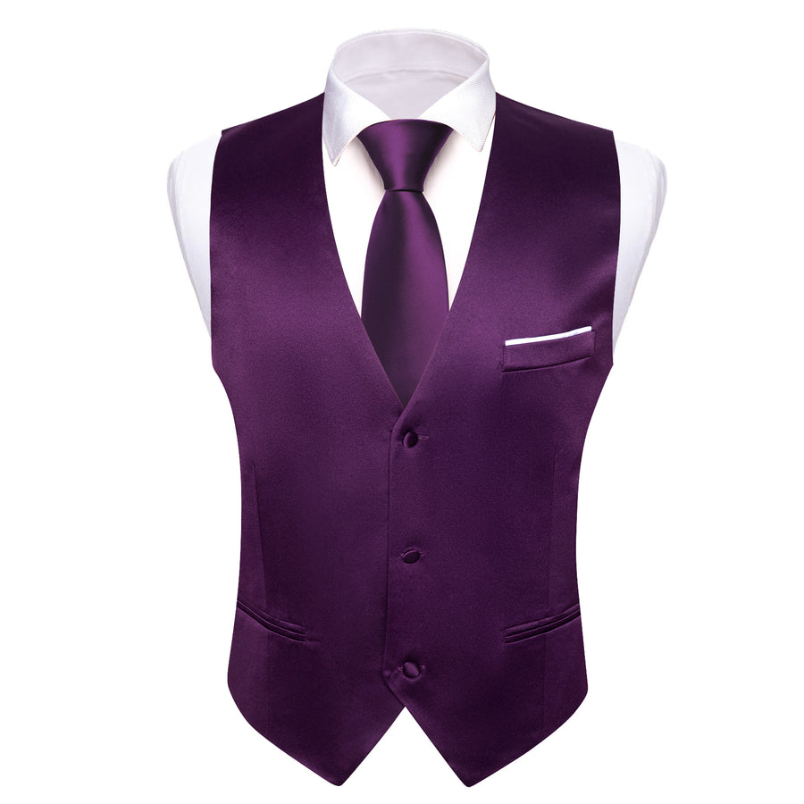 Deep Purple Solid Satin Men's V Neck Vest Set vest set    - Sophisticated Gentlemen