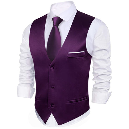 Deep Purple Solid Satin Men's V Neck Vest Set vest set    - Sophisticated Gentlemen