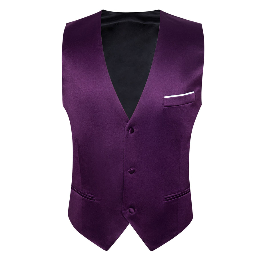 Deep Purple Solid Satin Men's V Neck Vest Set vest set    - Sophisticated Gentlemen