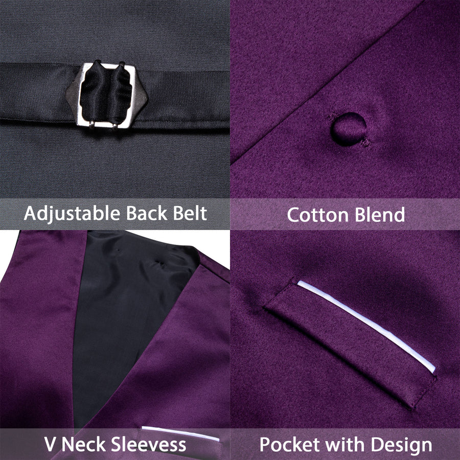 Deep Purple Solid Satin Men's V Neck Vest Set vest set    - Sophisticated Gentlemen