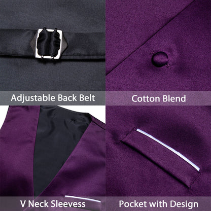 Deep Purple Solid Satin Men's V Neck Vest Set vest set    - Sophisticated Gentlemen