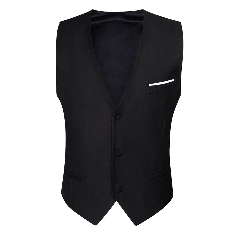 Black Solid Silk Men's V Neck Vest Set vest set    - Sophisticated Gentlemen