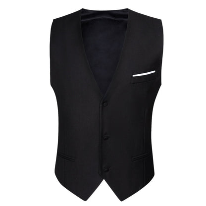 Black Solid Silk Men's V Neck Vest Set vest set    - Sophisticated Gentlemen
