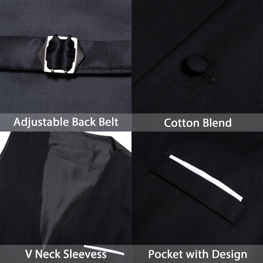 Black Solid Silk Men's V Neck Vest Set vest set    - Sophisticated Gentlemen