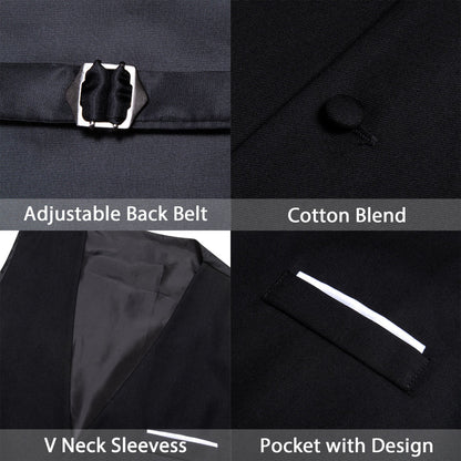 Black Solid Silk Men's V Neck Vest Set vest set    - Sophisticated Gentlemen