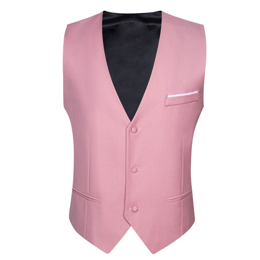 Baby Pink Solid Silk Men's V Neck Vest Set vest set    - Sophisticated Gentlemen