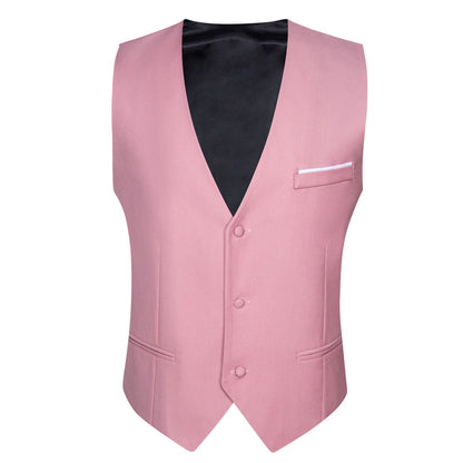 Baby Pink Solid Silk Men's V Neck Vest Set vest set    - Sophisticated Gentlemen