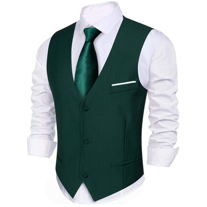 Emerald Green Solid Silk V-Neck Vest Set vest set    - Sophisticated Gentlemen