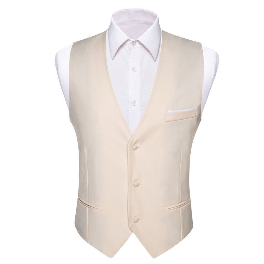 Champagne White Solid Silk Men's V Neck Vest Set vest set S (Chest 40")   - Sophisticated Gentlemen
