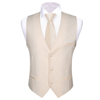 Champagne White Solid Silk Men's V Neck Vest Set vest set    - Sophisticated Gentlemen