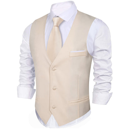 Champagne White Solid Silk Men's V Neck Vest Set vest set    - Sophisticated Gentlemen