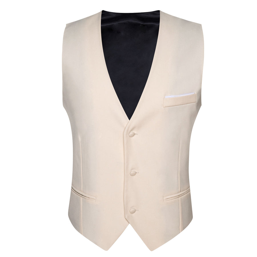 Champagne White Solid Silk Men's V Neck Vest Set vest set    - Sophisticated Gentlemen