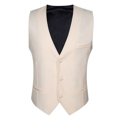 Champagne White Solid Silk Men's V Neck Vest Set vest set    - Sophisticated Gentlemen
