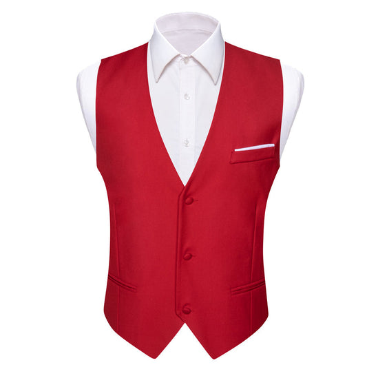 Classic Red Solid Silk Men's V Neck Vest Set vest set S (Chest 40")   - Sophisticated Gentlemen