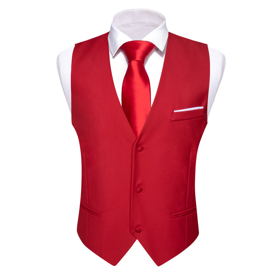 Classic Red Solid Silk Men's V Neck Vest Set vest set    - Sophisticated Gentlemen
