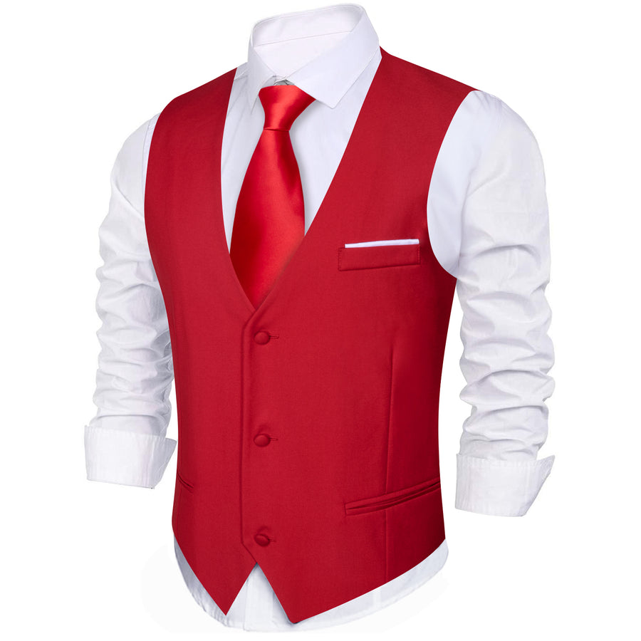 Classic Red Solid Silk Men's V Neck Vest Set vest set    - Sophisticated Gentlemen