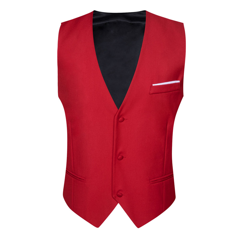 Classic Red Solid Silk Men's V Neck Vest Set vest set    - Sophisticated Gentlemen