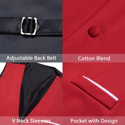 Classic Red Solid Silk Men's V Neck Vest Set vest set    - Sophisticated Gentlemen