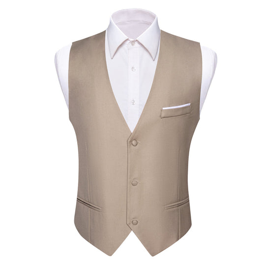 Sand Solid Silk Men's V Neck Vest Set vest set S (Chest 40")   - Sophisticated Gentlemen