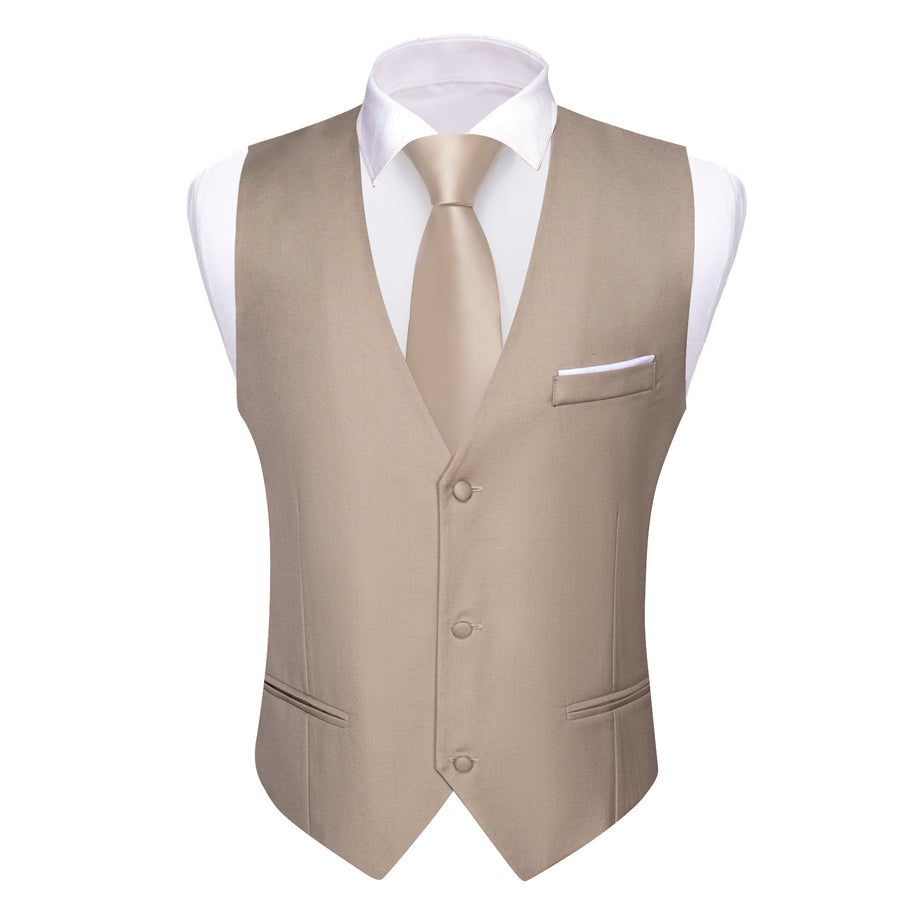 Sand Solid Silk Men's V Neck Vest Set vest set    - Sophisticated Gentlemen