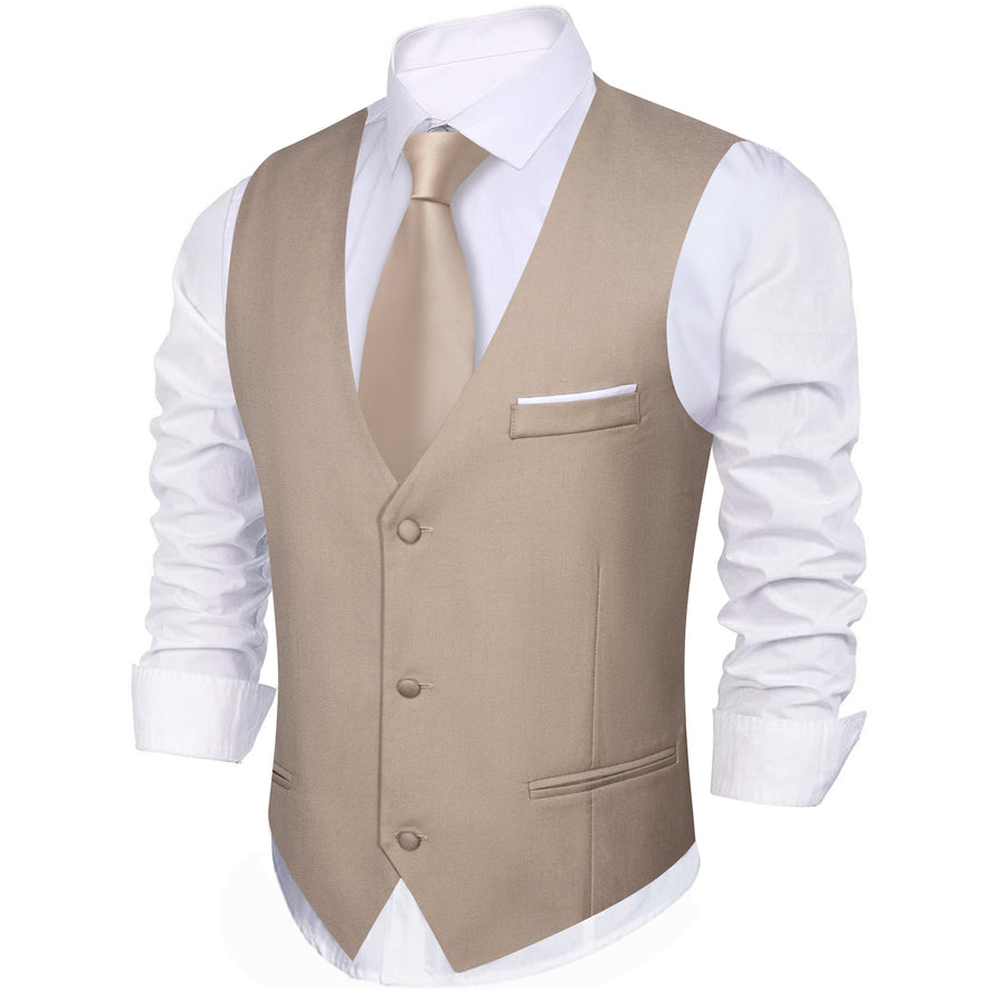 Sand Solid Silk Men's V Neck Vest Set vest set    - Sophisticated Gentlemen