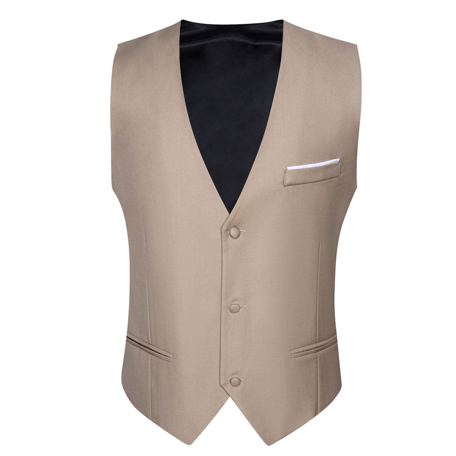 Sand Solid Silk Men's V Neck Vest Set vest set    - Sophisticated Gentlemen