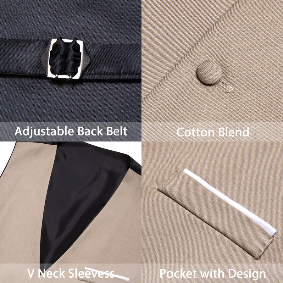 Sand Solid Silk Men's V Neck Vest Set vest set    - Sophisticated Gentlemen