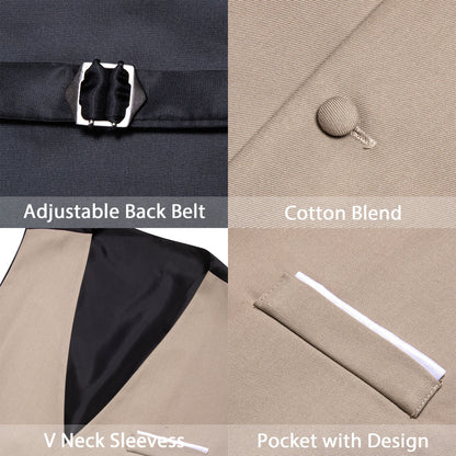 Sand Solid Silk Men's V Neck Vest Set vest set    - Sophisticated Gentlemen