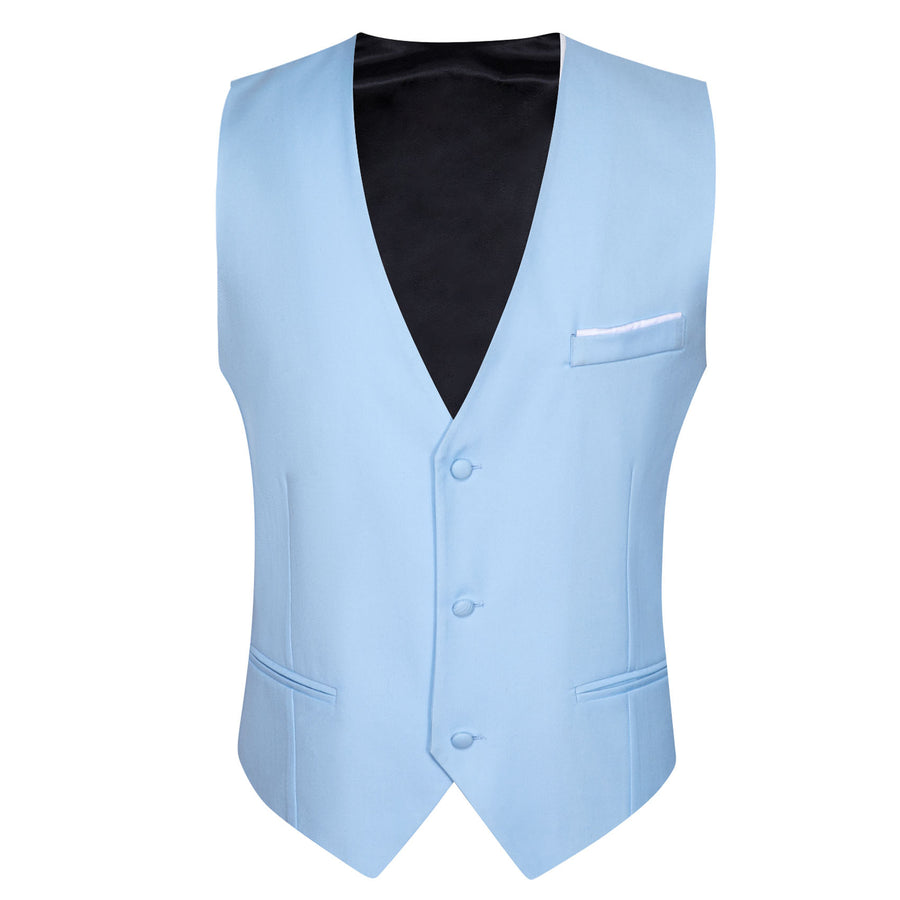 Baby Blue Solid Silk Men's V Neck Vest Set vest set    - Sophisticated Gentlemen