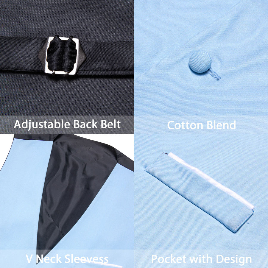 Baby Blue Solid Silk Men's V Neck Vest Set vest set    - Sophisticated Gentlemen