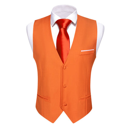 Orange Solid Silk Men's V Neck Vest Set vest set    - Sophisticated Gentlemen