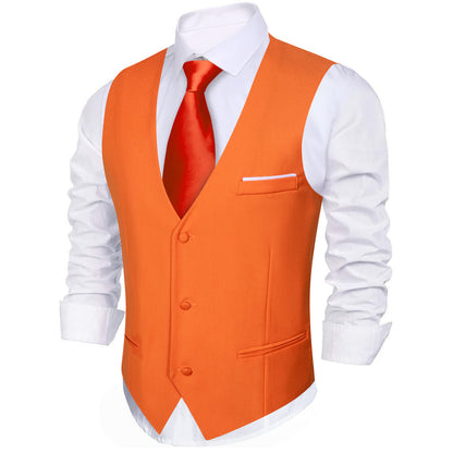 Orange Solid Silk Men's V Neck Vest Set vest set    - Sophisticated Gentlemen