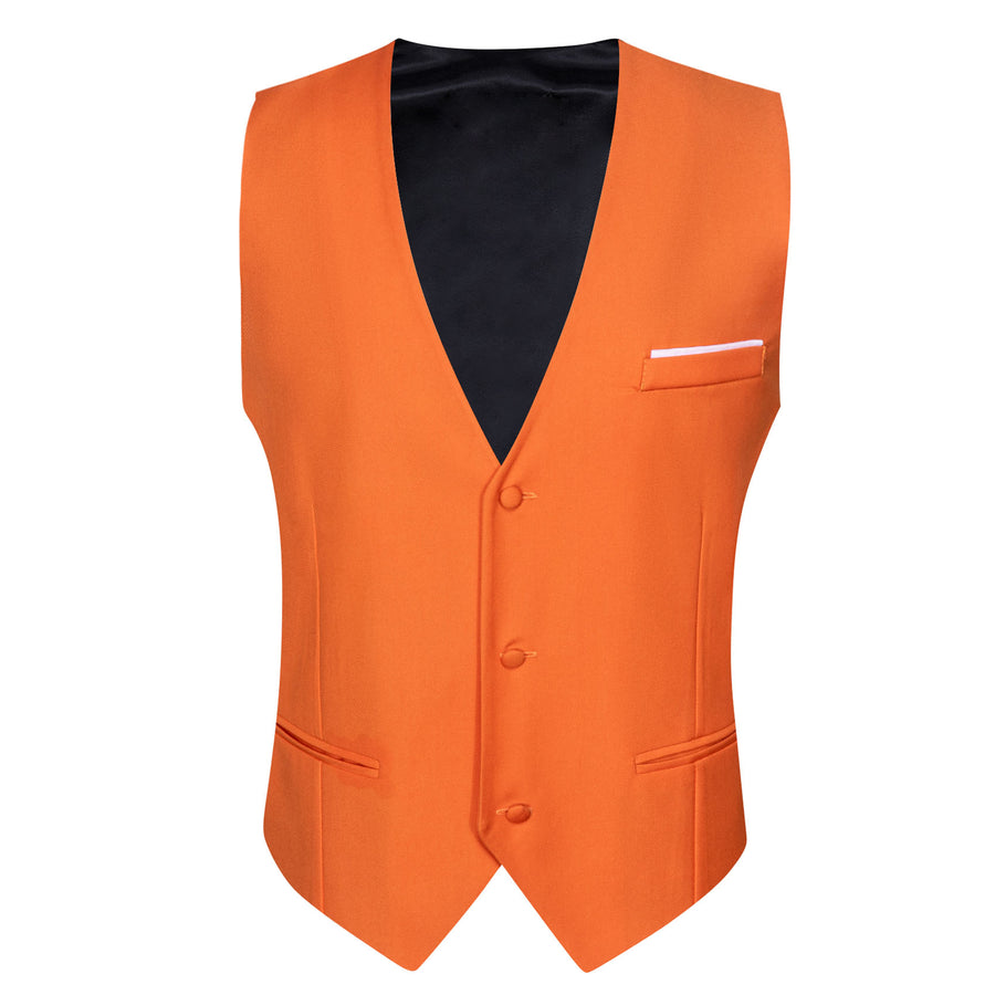 Orange Solid Silk Men's V Neck Vest Set vest set    - Sophisticated Gentlemen